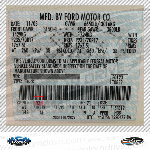 MUSTANG GT FEATURE CAR Paint Code Label